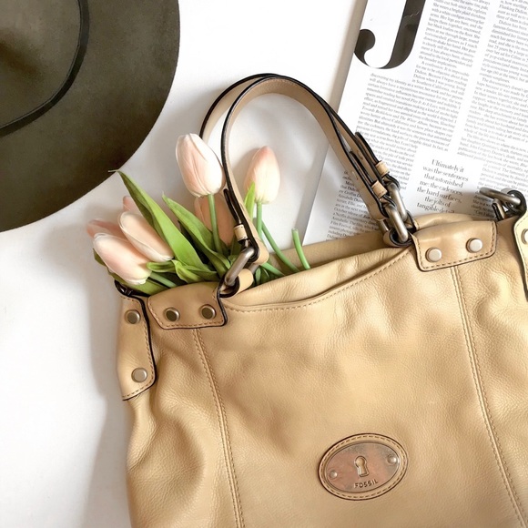 Fossil Handbags - Fossil Mackenna Leather Beige Shoulder Bag